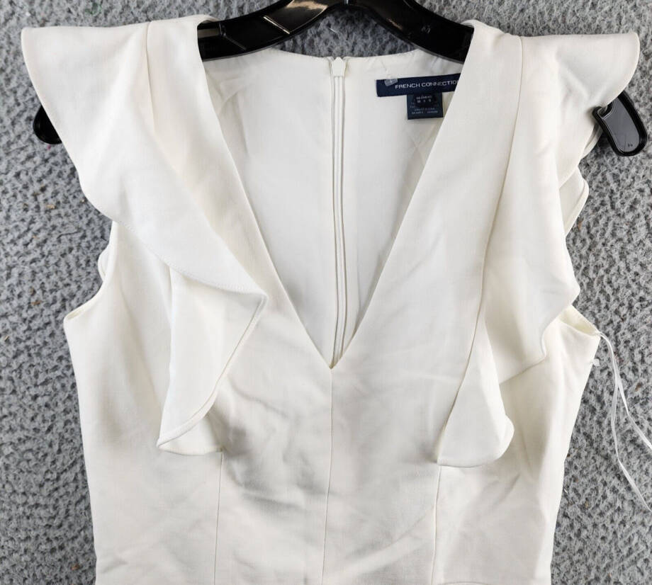 French Connection Whisper Ruffled V-Neck Mini Dress Women's 6 White Zip Closure