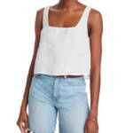 Bella Dahl Square Neck Tank Top Women's S White Solid Linen Back Button Closure