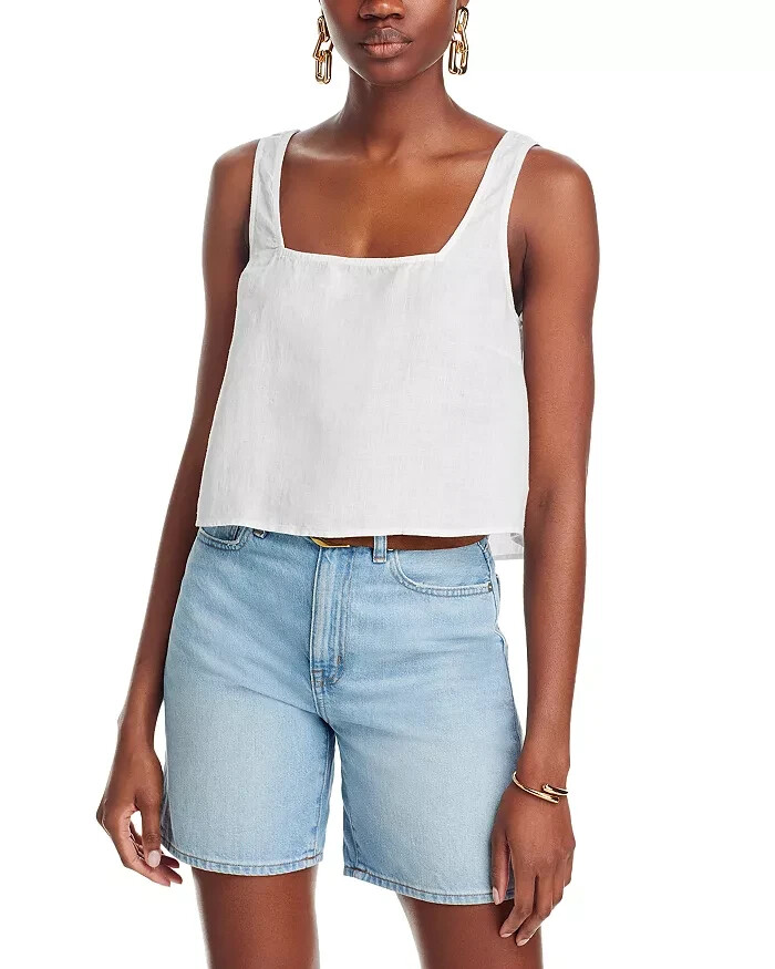 Bella Dahl Square Neck Tank Top Women's S White Solid Linen Back Button Closure