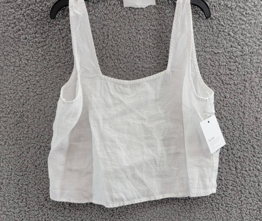 Bella Dahl Square Neck Tank Top Women's S White Solid Linen Back Button Closure