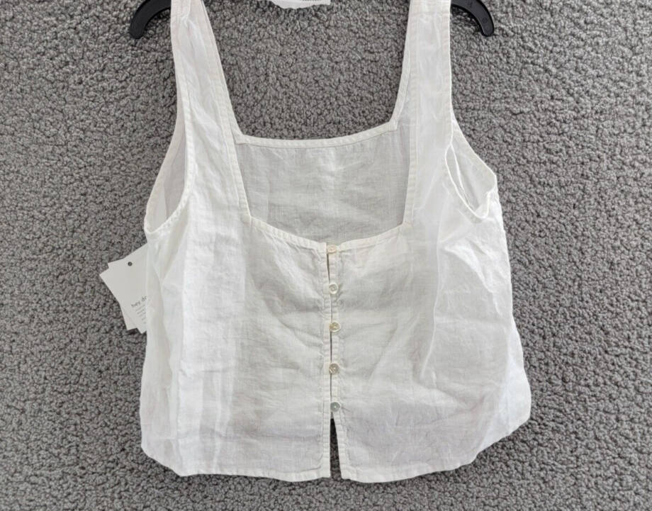 Bella Dahl Square Neck Tank Top Women's S White Solid Linen Back Button Closure