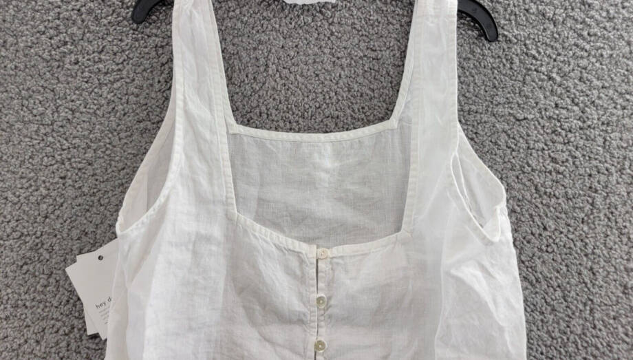 Bella Dahl Square Neck Tank Top Women's S White Solid Linen Back Button Closure