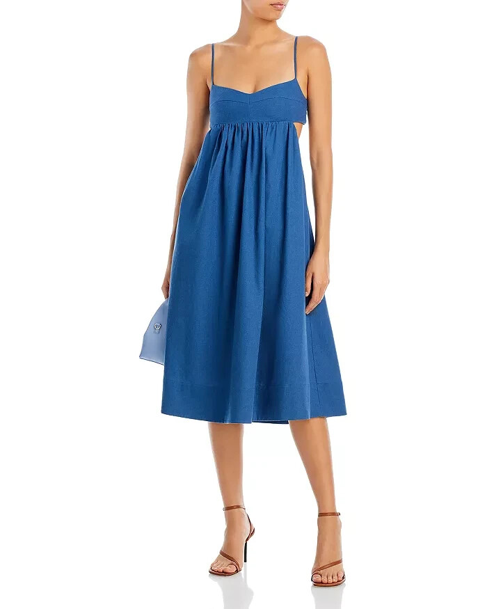 AQUA Havana Linen Blend Boho Sundress Women's XL Denim Sweetheart Neck Back Zip
