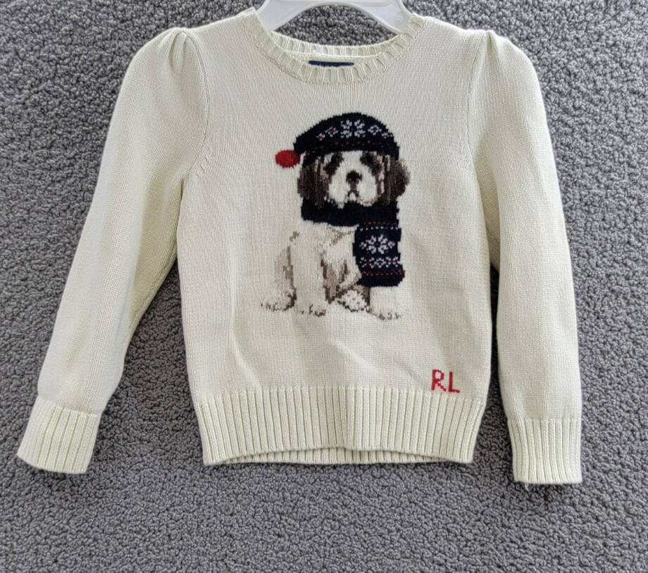 Polo Ralph Lauren Dog Crewneck Wool Sweatshirt Little Girls 5 White Multi L/S