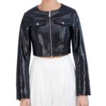 BCBG New York Croc-Print Faux-Leather Cropped Jacket Women's M Onyx Zip Closure