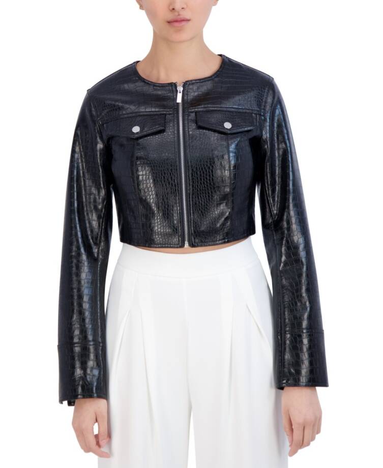 BCBG New York Croc-Print Faux-Leather Cropped Jacket Women's M Onyx Zip Closure