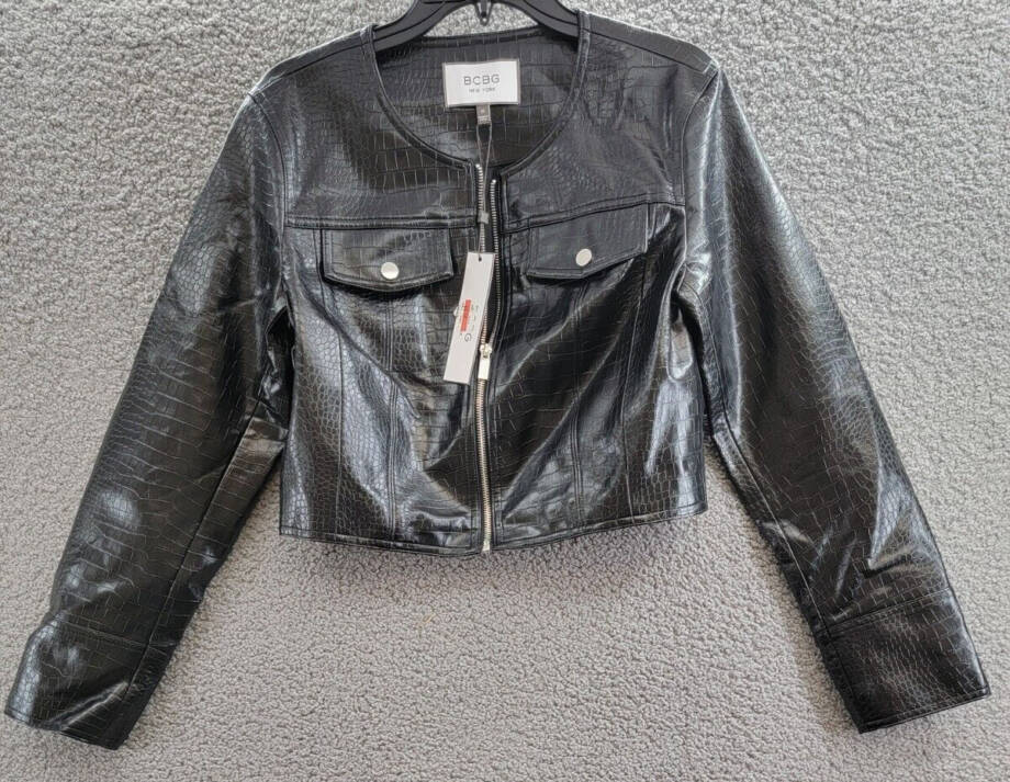 BCBG New York Croc-Print Faux-Leather Cropped Jacket Women's M Onyx Zip Closure