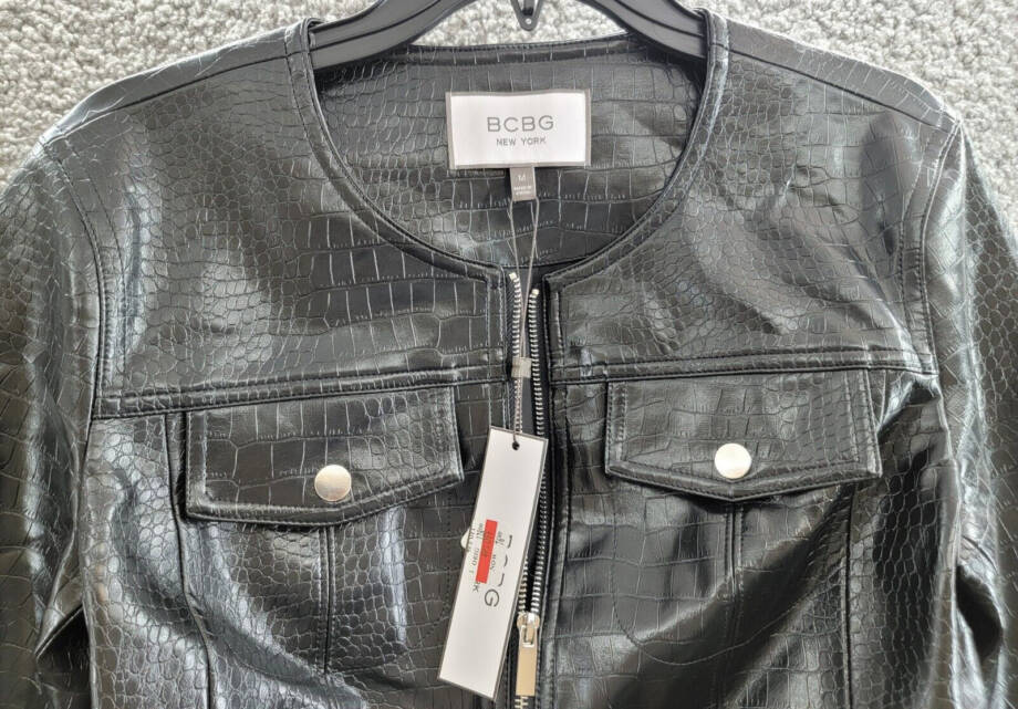 BCBG New York Croc-Print Faux-Leather Cropped Jacket Women's M Onyx Zip Closure