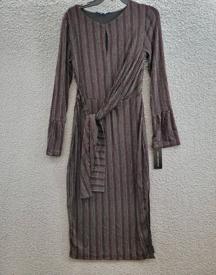 French Connection Paula Keyhole Midi Dress Women's S Blackout Multi Round Neck