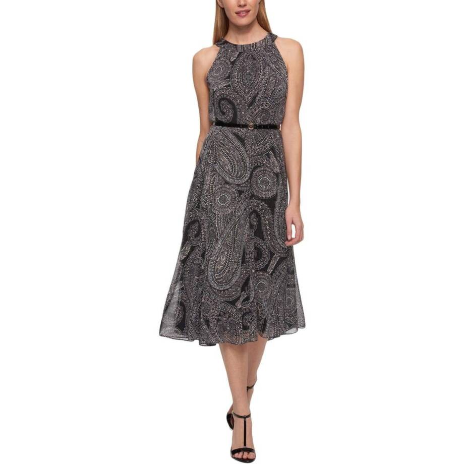 Tommy Hilfiger Paisley Print Chiffon Midi Dress Women's 2 Black Multi Back Zip
