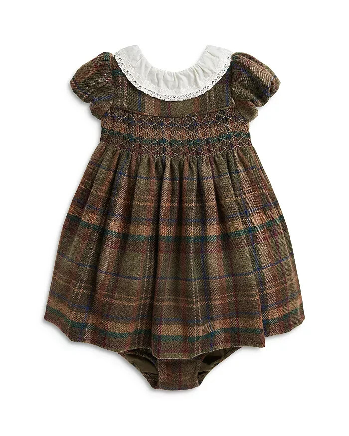 Ralph Lauren Plaid Smocked Wool Blend Dress & Bloomers Set Baby Girls' 18M Green