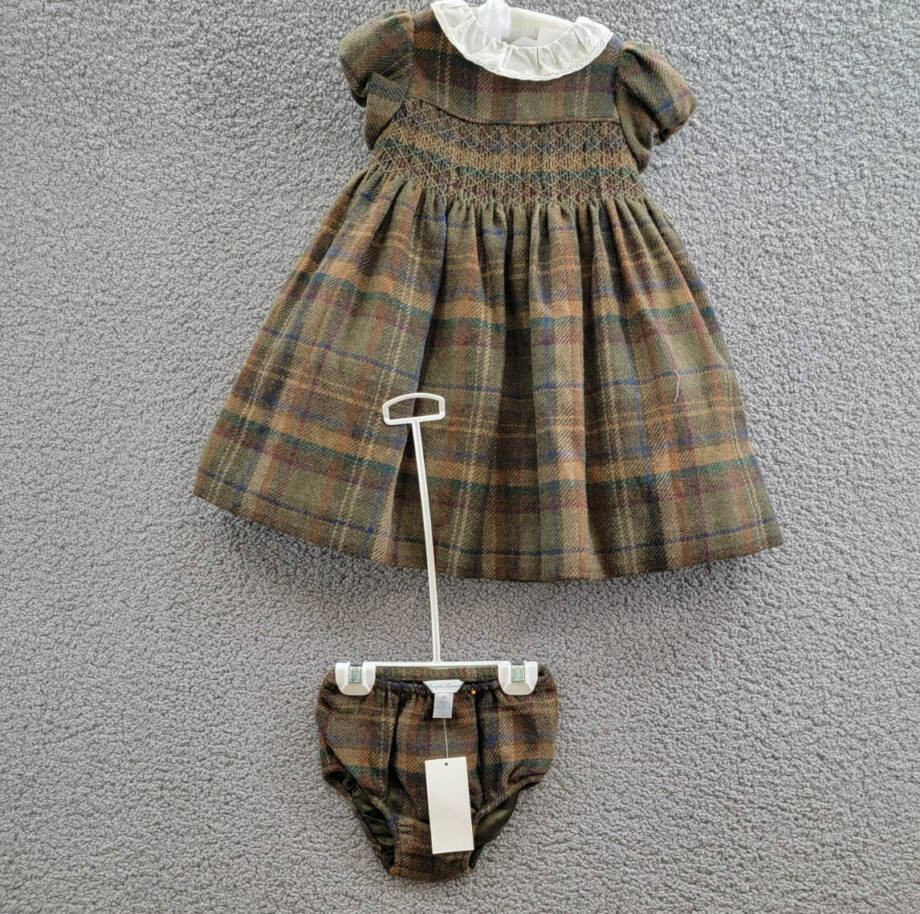 Ralph Lauren Plaid Smocked Wool Blend Dress & Bloomers Set Baby Girls' 18M Green