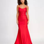 B Darlin Shirred Gown Juniors' 9/10 Red Sleeveless Cowl Neck Back Zip Closure