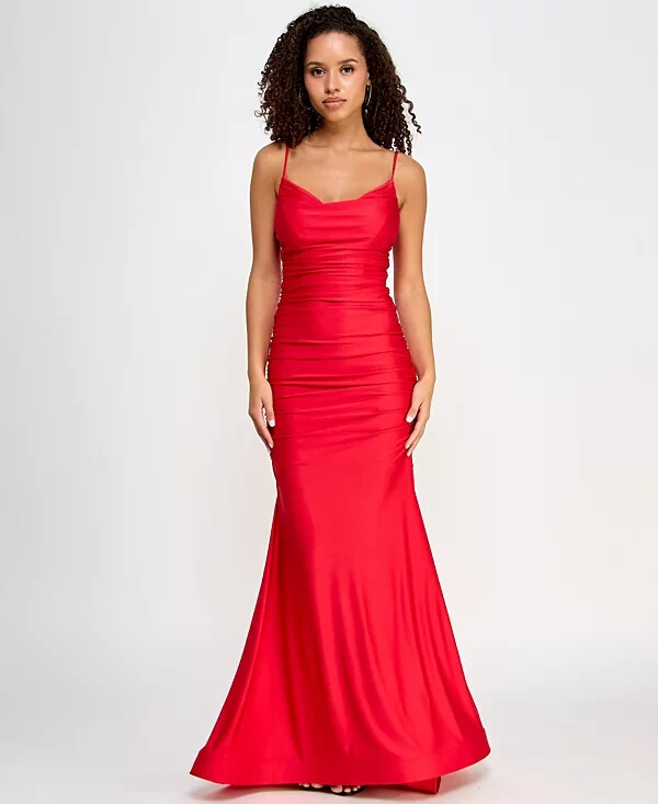 B Darlin Shirred Gown Juniors' 9/10 Red Sleeveless Cowl Neck Back Zip Closure