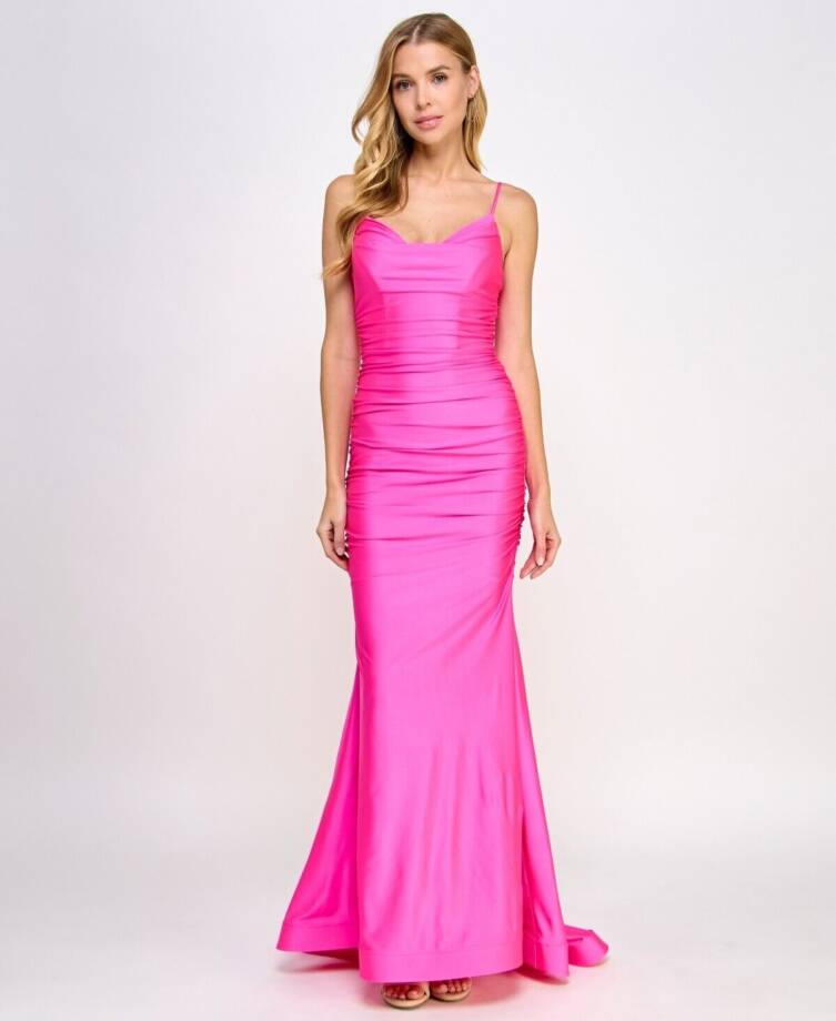 B. Darlin Satin Ruched Evening Dress Juniors 13/14 Neon Pink Cowl Neck Back Zip