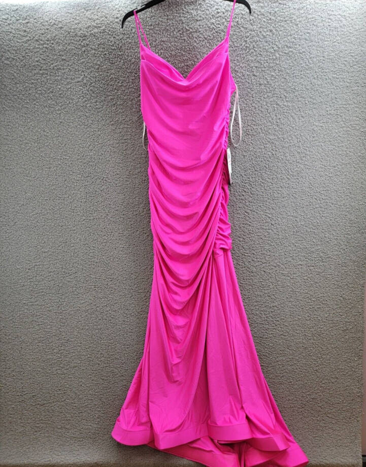 B. Darlin Satin Ruched Evening Dress Juniors 13/14 Neon Pink Cowl Neck Back Zip