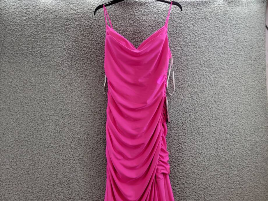 B. Darlin Satin Ruched Evening Dress Juniors 13/14 Neon Pink Cowl Neck Back Zip