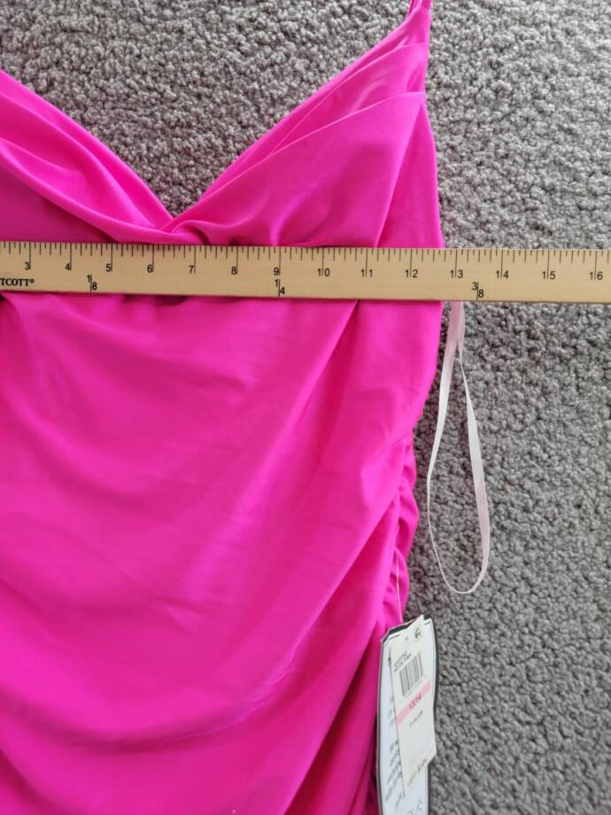 B. Darlin Satin Ruched Evening Dress Juniors 13/14 Neon Pink Cowl Neck Back Zip