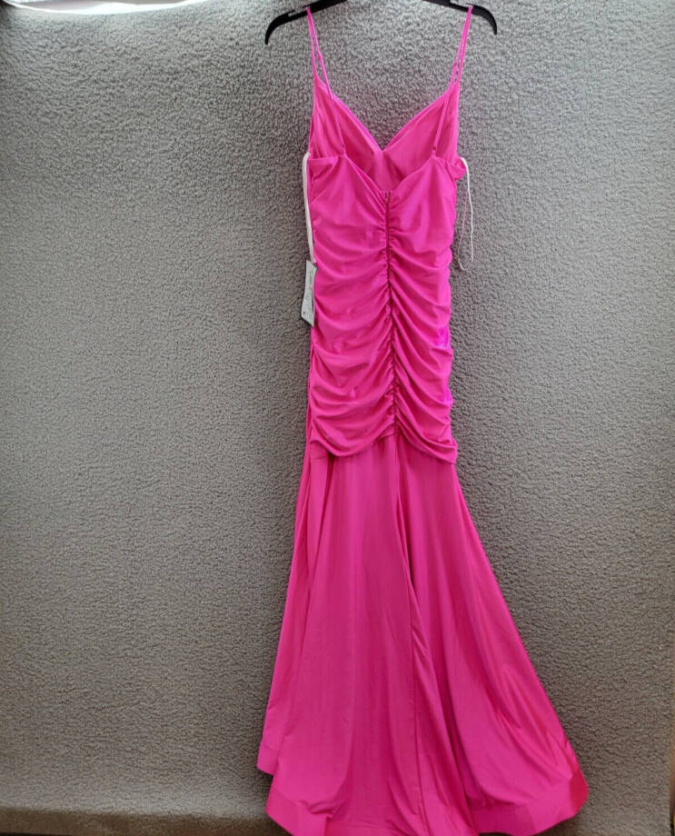 B. Darlin Satin Ruched Evening Dress Juniors 13/14 Neon Pink Cowl Neck Back Zip