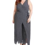 London Times Plus Polka-Dot Crepe Jumpsuit Women's 16W Navy/White Surplice Neck
