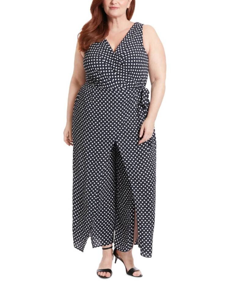 London Times Plus Polka-Dot Crepe Jumpsuit Women's 16W Navy/White Surplice Neck