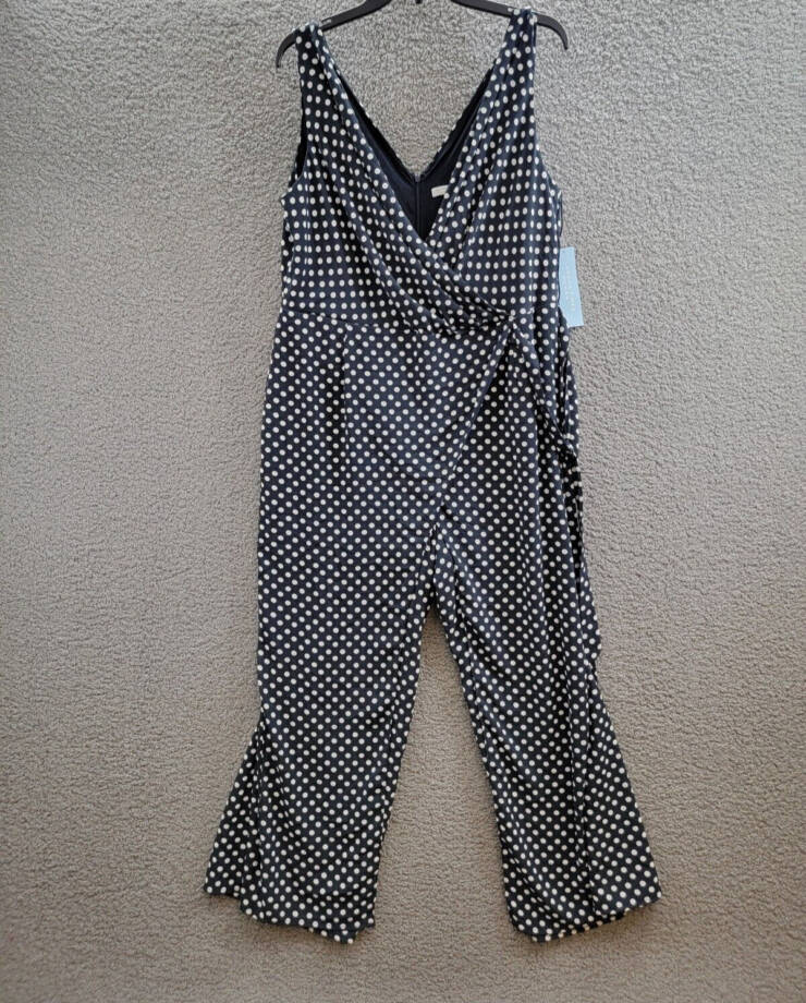 London Times Plus Polka-Dot Crepe Jumpsuit Women's 16W Navy/White Surplice Neck
