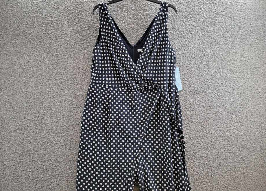 London Times Plus Polka-Dot Crepe Jumpsuit Women's 16W Navy/White Surplice Neck