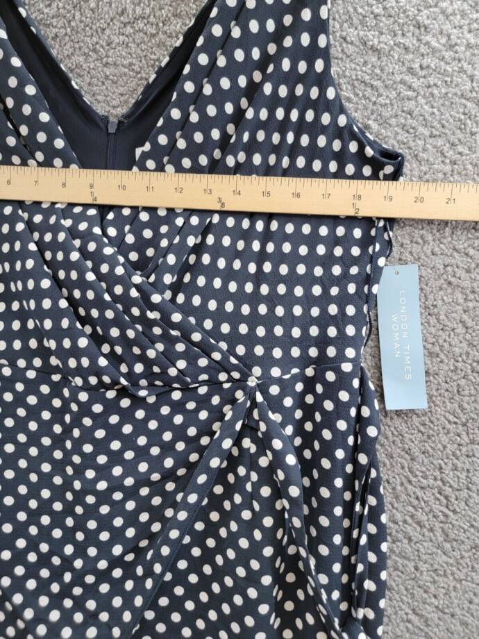 London Times Plus Polka-Dot Crepe Jumpsuit Women's 16W Navy/White Surplice Neck