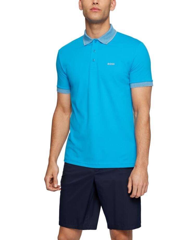 Hugo Boss Logo Detail Slim-Fit Polo Shirt Men's XXL Blue Short Sleeve Buttons~