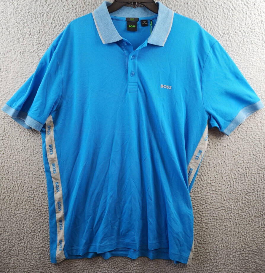 Hugo Boss Logo Detail Slim-Fit Polo Shirt Men's XXL Blue Short Sleeve Buttons~