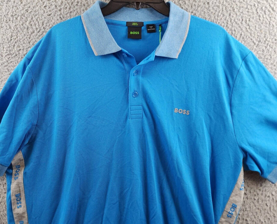 Hugo Boss Logo Detail Slim-Fit Polo Shirt Men's XXL Blue Short Sleeve Buttons~