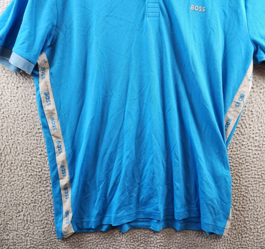Hugo Boss Logo Detail Slim-Fit Polo Shirt Men's XXL Blue Short Sleeve Buttons~