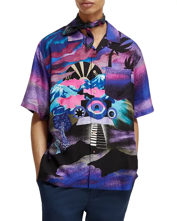 Scotch & Soda Slim Fit Placed Print Camp Shirt Mens XL Moody Festival Pocket S/S