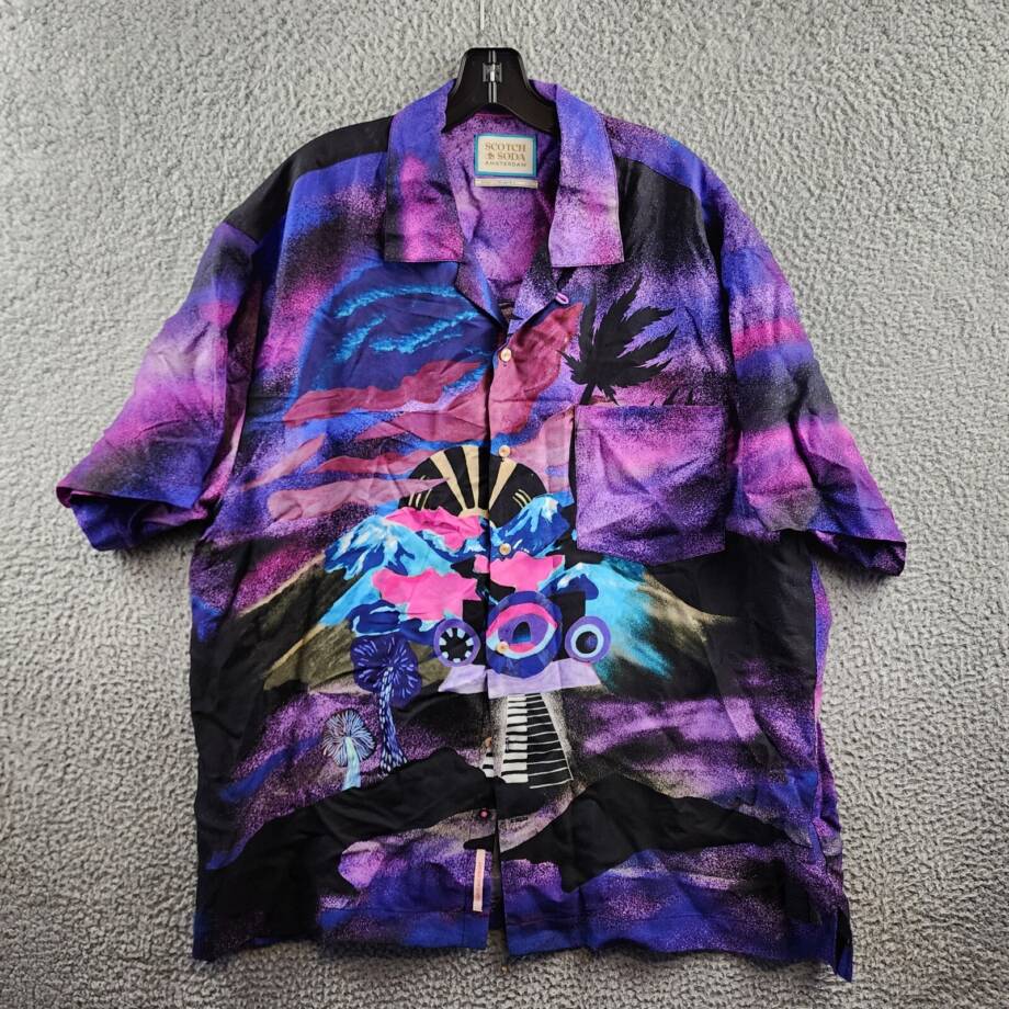 Scotch & Soda Slim Fit Placed Print Camp Shirt Mens XL Moody Festival Pocket S/S