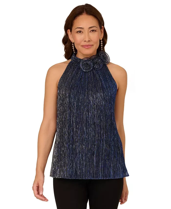 Adrianna Papell Embellished Metallic Knit Top Women's Midnight Sleeveless
