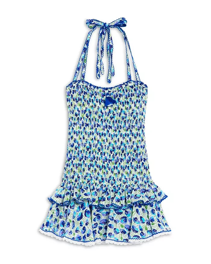 Poupette St. Barth Smocked Bandeau Dress Girls' 4 White/Blue Ruffled Tie Closure