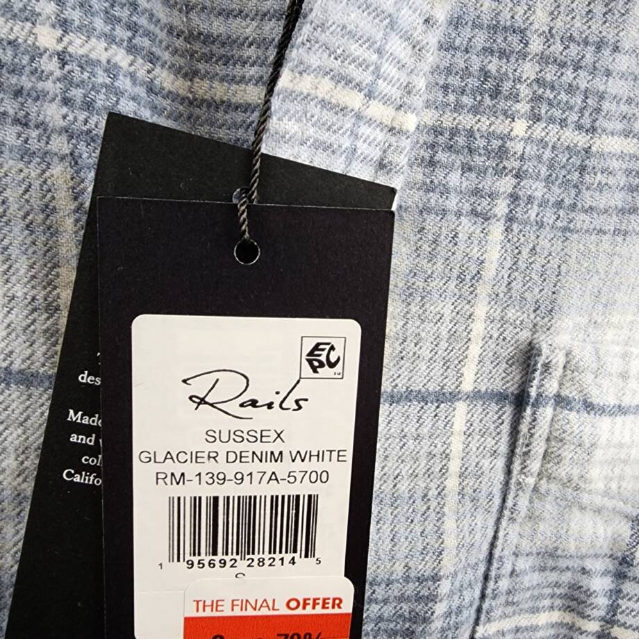 Rails Sussex Flannel Relaxed Fit Button Up Shirt Men's S Glacier Denim White L/S