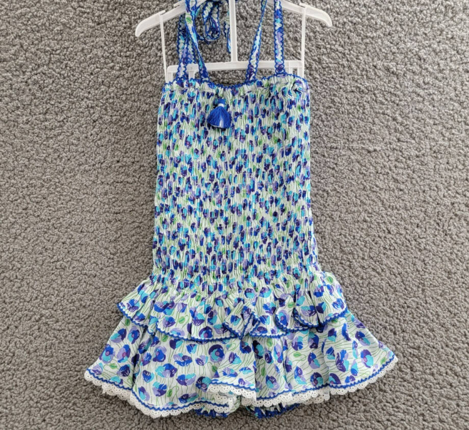 Poupette St. Barth Smocked Bandeau Dress Girls' 4 White/Blue Ruffled Tie Closure