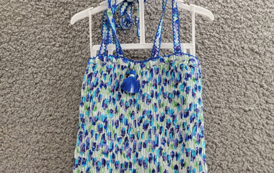 Poupette St. Barth Smocked Bandeau Dress Girls' 4 White/Blue Ruffled Tie Closure