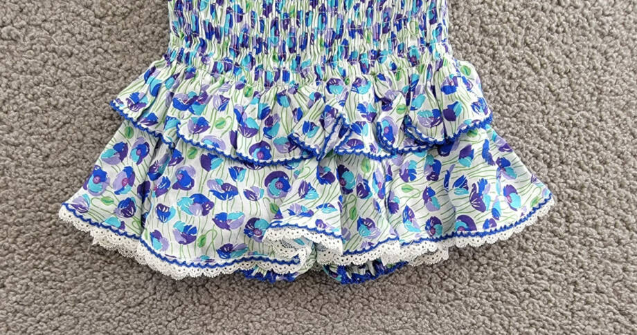 Poupette St. Barth Smocked Bandeau Dress Girls' 4 White/Blue Ruffled Tie Closure
