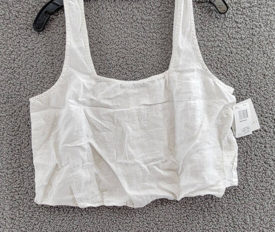 Bella Dahl Square Neck Tank Top Women's M White Solid Linen Back Button Closure