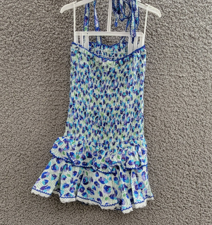 Poupette St. Barth Smocked Bandeau Dress Girls' 4 White/Blue Ruffled Tie Closure