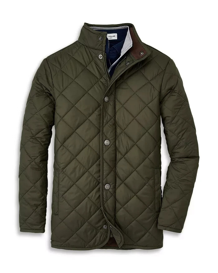 Peter Millar Suffolk Quilted Youth Jacket Boys M Olive Stand Collar Zip Snap L/S