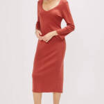 Three Dots Bell Sleeve Dress Women's L Russet Brown Back Slit V-Neck Pullover~