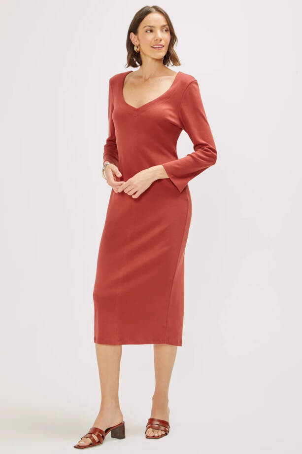 Three Dots Bell Sleeve Dress Women's L Russet Brown Back Slit V-Neck Pullover~