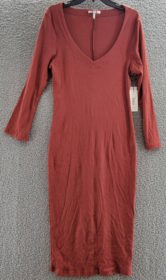 Three Dots Bell Sleeve Dress Women's L Russet Brown Back Slit V-Neck Pullover~