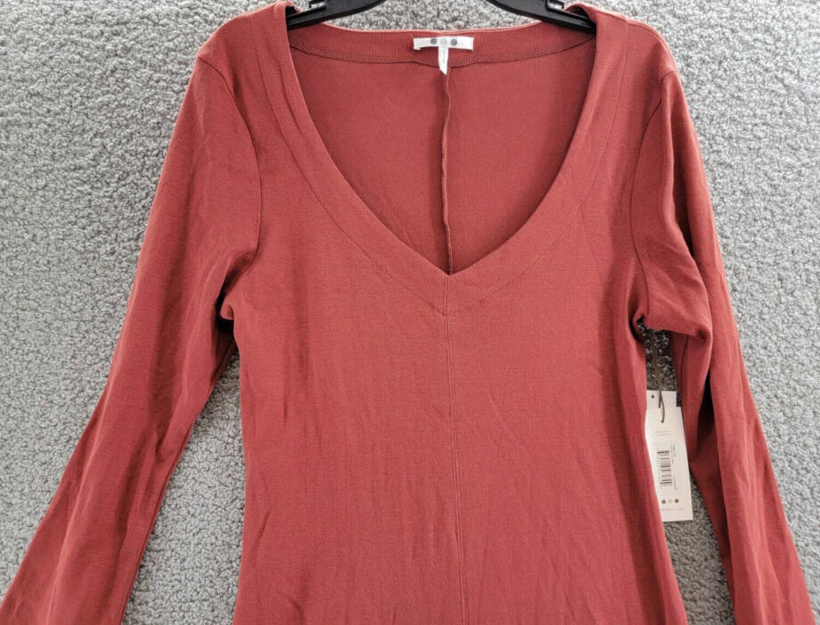 Three Dots Bell Sleeve Dress Women's L Russet Brown Back Slit V-Neck Pullover~
