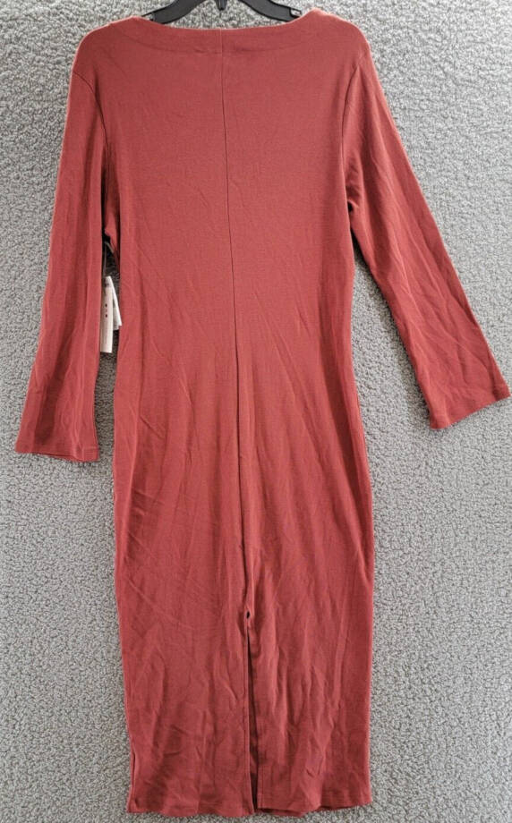 Three Dots Bell Sleeve Dress Women's L Russet Brown Back Slit V-Neck Pullover~