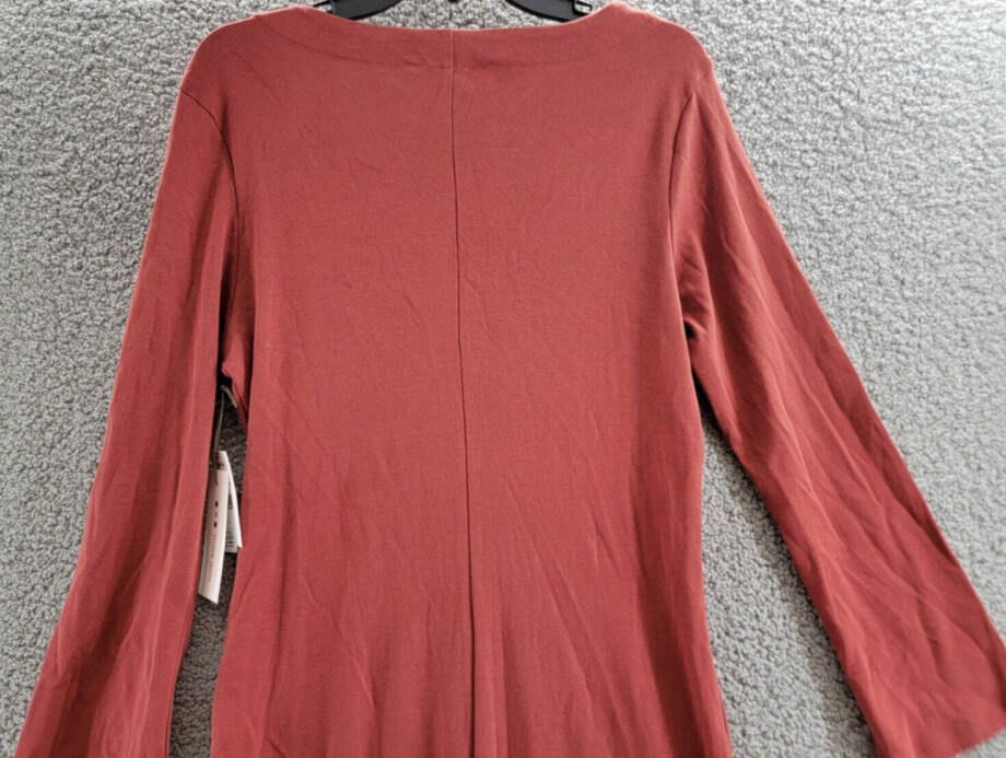 Three Dots Bell Sleeve Dress Women's L Russet Brown Back Slit V-Neck Pullover~