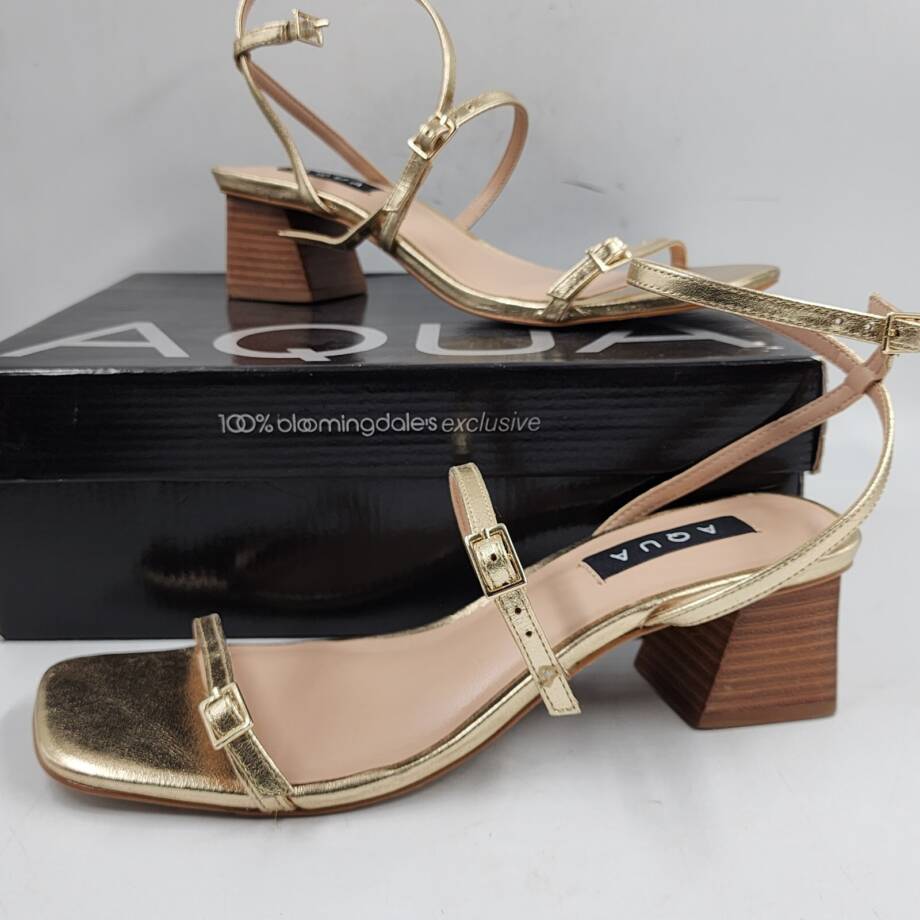 AQUA Allie Strappy Buckled Mid Heel Sandals Women's 9M Gold Open Square Toe